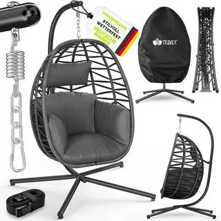 tillvex® Hängesessel mit Gestell Outdoor Indoor mit wetterfester Abdeckung | Hängekorb klappbar bis 150 kg mit Befestigung | Hängesitz aus Rattan mit Polster | Hängestuhl Garten Balkon Terrasse