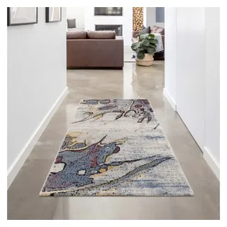 Carpet City Teppich Läufer Flur - Creme Blau Gelb - 80x300 cm - Kurzflor Modern Abstrakt - Bettvorleger Schlafzimmer - Flurteppich - Teppichläufer