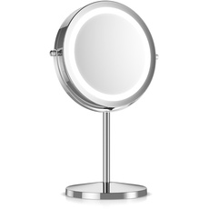 Navaris Kosmetikspiegel mit LED Beleuchtung - Spiegel mit 5fach Vergrößerung Make Up Standspiegel - Schminkspiegel beleuchtet 360° drehbar in Silber