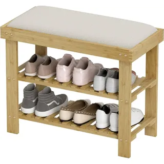 Schuhbank mit Sitzfläche, Bambus Sitzbank mit Stauraum, Schuhregal mit 2 offene Fächer, Sitzbank, Bank, Garderobenbank für Wohnzimmer, Flur, 60 x 29 x 49 cm Cremeweiß | - Weiß