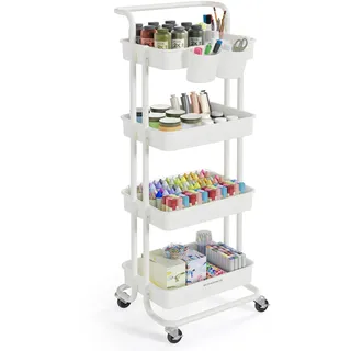 SONGMICS Rollwagen, 4 Ebenen, Servierwagen, Küchenwagen mit Griff, 2 kleine Einhängefächer, 2 Bremsen, Ablagefächer aus Kunststoff, einfacher Aufbau, Schlafzimmer, weiß BSC077WZ01