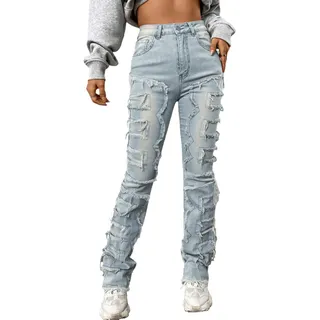 Wonyier Damen-Jeans mit hoher Taille, gerades Bein, schmale Passform, roher Saum, Patchwork, dehnbar, Y2K, gestapelte Mom-Jeans, Boyfriend-Jeans für Teenager-Mädchen, Hell, blau, Groß