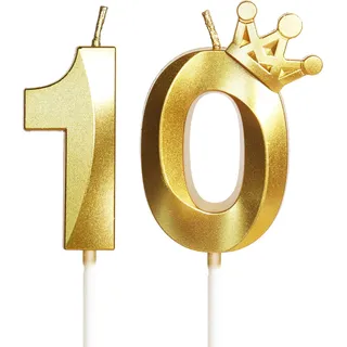 Geburtstagskerze 10 Zahlenkerze 10 mit Krone, 5cm Gold Geburtstagskerzen, Kerzen Geburtstag, Tortendeko Geburtstag, Tortendekoration für Kinder, Erwachsene, 10. Geburtstagsfeier, Jubiläum, Nummer 10