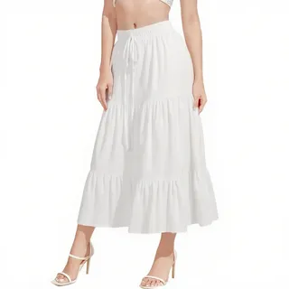 DiULi Rock Damen, Elegant Lang Röcke Hohe mit Elastic Waistband, Hohe Taille A-Linie Sommer Maxirock, Einfarbig Casual Skirt für Lässige Strandszenen, Weiß L