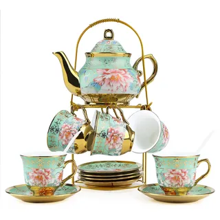 20Tlg Teeservice Porzellan Kaffeeservice, Teeset mit Metallhalter, 700ml Teekanne Keramik Teeset, Blumendesign Goldenem Rand, 6x160ml Tassen und Untertassen für Frauen Teeparty, Grün
