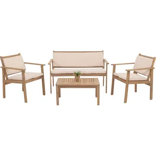 MCW Garten-Garnitur MCW-O19, Lounge-Set Sitzgruppe Bank Sessel Tisch, Holz Akazie MVG Stoff/Textil (180g/m2) ~ Kissen beige