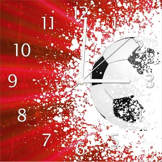 Wallario Design Wanduhr Fußball - Splashing Design in rot aus Echtglas, Größe 30 x 30 cm - Weiß