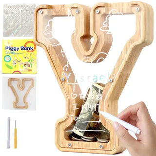 Lakpopya Spardose Kinder Buchstaben aus Holz für A-Z Personalisiert Sparschwein Durchsichtig Alphabet Sparbox, Geschenk Dekoration Taufe für Jungen Mädchen (Y)