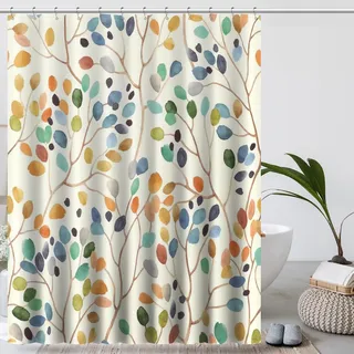 Amaredom Duschvorhang mit Blumenmuster für Badezimmer, Bunte Blätter, Vorhang, Badezimmer-Dekoration, Duschvorhang-Set mit Vorhanghaken - 180cm x 200cm