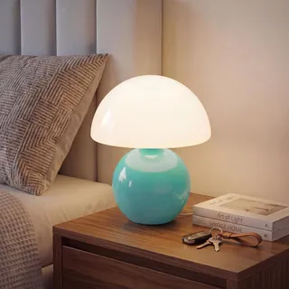 Dawnwake Pilz Nachttischlampe Tischlampe, Led Dimmbar Tischleuchte Deko Wohnzimmer, Schlafzimmer Tischlampen, Mushroom Bedside Table Lamp, Keramikbasis Glas Klein Nachtlampe (Blau)