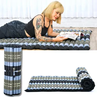 Leewadee Kapok Rollmatte – Handgefertigte Schlaf- & Relax Faltmatte aus Thailand, vielseitig als Gästebett, Campingmatte, Yogamatte oder Futon nutzbar, 190 x 100 cm, Blau