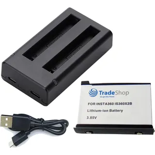 Trade-Shop 2in1 Set: Akku + Doppel Dual LED Ladegerät inkl. Micro-USB-Kabel passend für IS360X2B CINOSBT CINOSBT/A kompatibel mit Insta360 ONE X2 Kamera