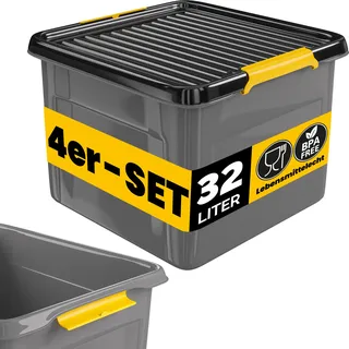 MONZANA® 4x Aufbewahrungsbox 32L mit Deckel 40kg belastbar Kunststoff BPA frei Klickverschluss stabil flexibel stapelbar blickdicht Keller Garage Box - Grau