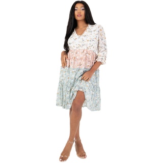 Lovedrobe Damen Womens Midi Ladies 3/4 Sleeve Lightweight Boho Floral Print Embroidered Cut-Out Pom Detail V Neckline Dress, Floral, 52 EU