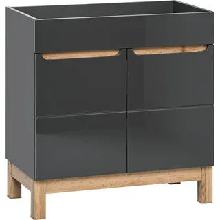 Badezimmerschrank 80 cm, grau glänzend, Eiche, 2 Türen, für Waschbecken, stehend - Grau