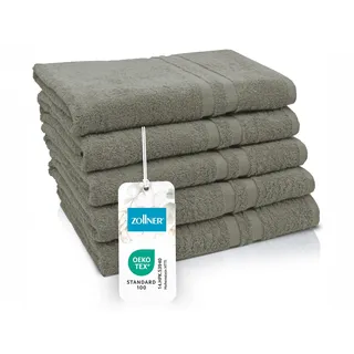 ZOLLNER 5er Set Duschtücher in 70x140 cm - Flauschige Badehandtücher aus Baumwolle - mit moderner Streifenbordüre - bis 60°C waschbar - mit praktischem Aufhänger - in Taupe - Hotelqualität