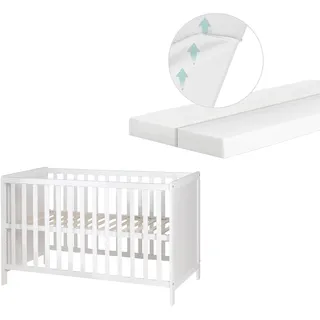 roba 2 in 1 Babybett 60 x 120 cm + safe asleep Matratze - Gitter- & Beistellbett 6-fach Höhenverstellbar - 5 Schlupfsprossen - Holz weiß