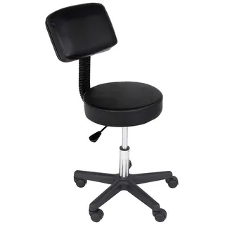BAKAJI Beauty-Hocker mit Rückenlehne und Sitz, aus Kunstleder, Drehstuhl, höhenverstellbar, 5 Rollen, für Zuhause, Büro, Medizin, Praxis, Massage, Tattoos, Physiotherapie, Schönheitssalon, Schwarz
