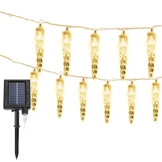 Clanmacy 10M 80 LED Solar Eiszapfen Lichterkette Außen Innen 8 Modi IP44 Party Garten Lichtervorhang Fenster Weihnachten Eisregen Beleuchtung Deko Warmweiß - Weiß