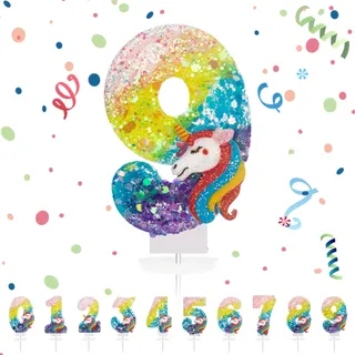 Geburtstagskerzen Zahlen 9,3D Regenbogen Einhorn Geburtstagskerzen,Kerzen Geburtstag Zahl 9, Kuchen Topper Dekoration Kuchendeko Geburtstag, Geburtstagskerzen für Geburtstagsdeko Mädchen Jungen