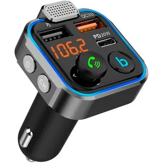 NK Sender FM Bluetooth 5.0 für Autos, 3 Ladeanschlüsse: x 2 USB QC3.0 x1 PD 3.0 Typ C 20W, Freisprechfunktion, Geräuschunterdrückung, Schnellladung, B-Taste: Tiefe Hi-Fi-Bässe