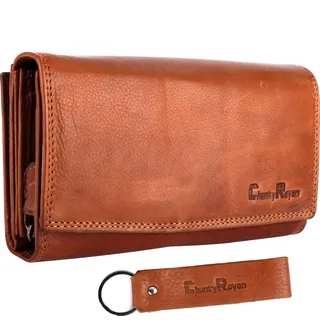 Chunkyrayan Damen Portemonnaie Echtleder XXL RFID Schutz inklusive Leder Schlüsselanhänger P GB-7 Brown 1