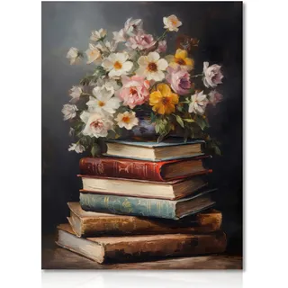 Dazzlewall Vintage Blumen Wandbilder Moody Blumen Bücher Leinwand Bilder Ölgemälde Poster Dark Academia Ästhetische Dekoration für Schlafzimmer 30×40 cm Ungerahmt