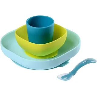 BÉABA, Baby-Essensset aus Silikongeschirr, Mit Saugnapf, Rutschfest, 4 Teile, Teller + Schüssel + Glas + Löffel, Gesundes und nachhaltiges Silikon, Spülmaschinenfest, Mikrowellengeeignet, Blau