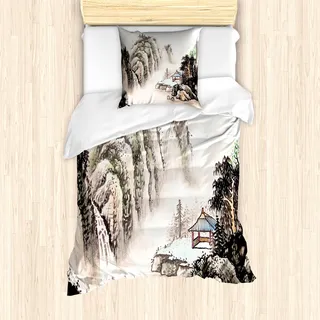 ABAKUHAUS Vintage China Mantele, Aquarell-Tal, Milbensicher Allergiker geeignet mit Kissenbezügen, 135 cm x 200 cm - 80 x 80 cm, Mehrfarbig