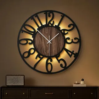 Maxstar 60CM Große Wanduhr Für Wohnzimmer, Batteriebetrieben,Still, Nicht Tickend, Holzstil, Moderne LED-Wanduhr Für Schlafzimmer, Garage, Büro, Esszimmer, Küchendekor (Arabische Ziffer,Schwarz-24)