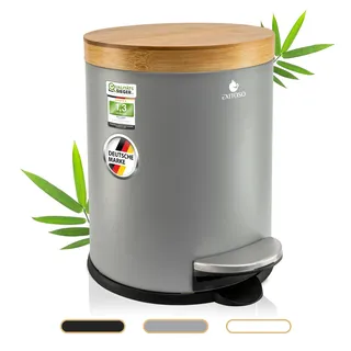 Exitoso 5L Mülleimer Bad Grau - Kosmetikeimer mit Bambus-Holzdeckel und Absenkautomatik - mit Rutschfest Pad - Tretmülleimer Bad aus Edelstahl - Badmülleimer - Badezimmer Mülleimer