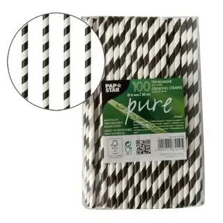 Papstar Trinkhalme, Papier Schwarz Weiß 0,6 x 20cm 100 Stück