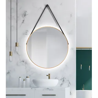 Wandspiegel rund Talos Gold Light Matt Ø 80 cm - Badspiegel mit indirekter Beleuchtung - Aufhängegurt in Lederoptik - Lichtspiegel mit Lichtfarbe neutralweiß - hochwertiger matt goldener Aluminiumrahmen - Badezimmerspiegel - Gold