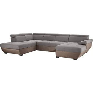 Mivano Wohnlandschaft Speedway, Modernes U-Form-Sofa mit verstellbaren Kopfstützen, 332 x 79 x 222, Zweifarbiger Bezug, Grau/Braun