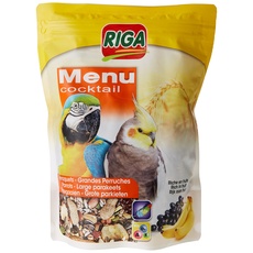 Riga - Menu Cocktail - Leckerbissen für Großsittiche & Papageien - Körnermischung, Reich an Früchten - Vitaminquelle - Energiereiches & Ausgewogenes Futter - Doypack 500g