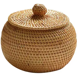 POHOVE Aufbewahrungskorb aus Weide mit Deckel und Korb, Rattan, kleine Box aus geflochtenem Natur-Rattan, für Schlafzimmer, Wohnzimmer, Büro, 15 x 11,9 cm