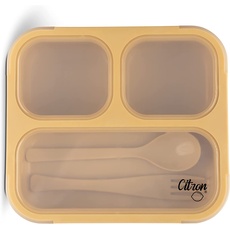 Citron LB_3comp Wiederverwendbare Bento-Lunchbox mit Gabel und Löffel-Stil Lunchbox mit Gabel und Löffel, Gelb, PP-Kunststoff, 600 ml