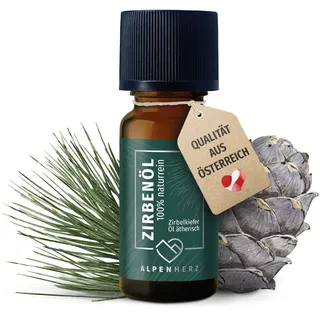 ALPEN HERZ Zirbenöl 10 ml - 100% naturrein, ätherisches Zirbelkieferöl aus Österreich für Duftöl Raumduft Duftlampe Zirbenwürfel Diffuser Zirbe Lufterfrischer Zirbelkiefer Öl Geschenke