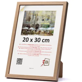 3-B Bilderrahmen MEGA - Braun (Eiche mit optisch dichter Holzmaserung) - 20x30 cm - Holzrahmen, Fotorahmen, Portraitrahmen mit Acrylglas