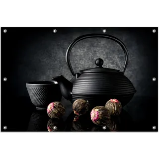 Wallario Outdoor-Poster für Garten oder Balkon, Motiv Japanisches Tee-Set, in ca. 80 x 120 cm - Schwarz