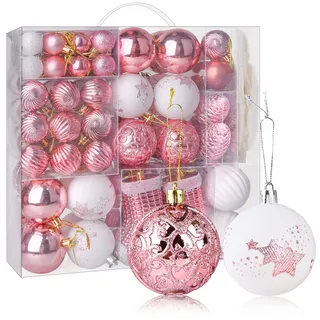 PIIDUOO Weihnachtskugeln Kunststoff Rosa Weiss Christbaumkugeln Set Kugeln Weihnachtsbaum Plastik Weihnachtsbaumkugeln Matt Weihnachtskugel Glitzer Christbaumschmuck, 114pcs