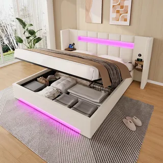 okwish Doppelbett 160×200 Funktionsbett mit 2 USB-Anschlüsse und LED-Licht Jugendbett mit hydraulischem Stauraum Stauraumbett Bettgestell mit breites Kopfteil Beige (ohne Matratze) - Beige