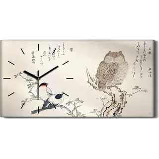 Leinwand Wanduhr Wandkunst Uhr 60x30 Malerei Zweig Tiere Vögel Eule Vögel Kunst - schwarze Hände - Weiß