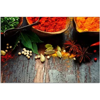 Wallario Outdoor-Poster für Garten oder Balkon, Motiv Gewürze auf Holz - uriger Holztisch in der Küche, in ca. 61 x 91,50 cm - Braun