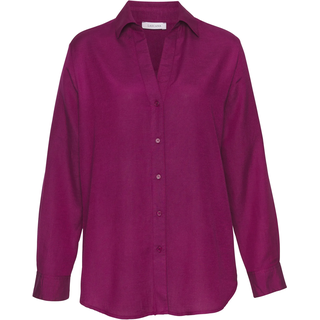 Hemdbluse LASCANA "mit V-Ausschnitt aus weicher Webware mit Leinenanteil", Damen, Gr. 40, lila (aubergine), Web, Obermaterial: 58% Viskose, 28% Baumwolle, 14% Leinen, unifarben, figurumspielend hüftbedeckend, V-Ausschnitt, 2-Knopf-Manschette, Blusen Hemdbluse, Damenbluse mit langen Ärmeln, lockere Leinenbluse, Sommerbluse, Topseller