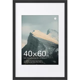 LIVINGTASTE 1 Pack Schwarz Bilderrahmen 40×60 cm MDF Rahmen mit Acrylglas | Fotorahmen mit Passepartout für 30×40 für Fotos Zertifikate Poster und Kunstbilder für Wohnzimmer und Büro