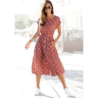 Midikleid LASCANA, Damen, Gr. 34, N-Gr, beige (marsala, creme, bedruckt), Web, Obermaterial: 100% Viskose, gepunktet, figurumspielend ca. Mitte Wade, Rundhals, Aufschlag, Kleider Midikleid, mit Punktedruck und Taschen, Sommerkleid, Topseller