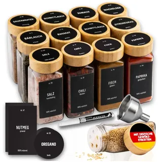 Deco haus® Gewürzgläser eckig mit Holzdeckel 12er Set [+ Etiketten & Streueinsatz] - Gewürzdosen Set Glas - Gewürzbehälter Spice Jars - Aufbewahrung - Behälter für Gewürze - Gewürzaufbewahrung