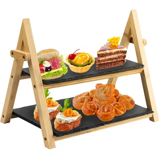 heftman Servierstandaard 2 Niveaus Rustikal Faltbares Tortenplateau - Servierschalen Schiefer Nachmittagstee Desserts, Kuchen, Sushi Antipasti Ständer (32cm x 41cm)