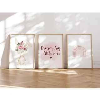 MeinBaby123® Bilder Kinderzimmer | 3er Set DIN A4 Poster Set | Wandbilder mit Spruch | Regenbogen | Deko Kinderzimmer Mädchen | Babyzimmer Deko | Wandposter Premium (Hase & Regenbogen)